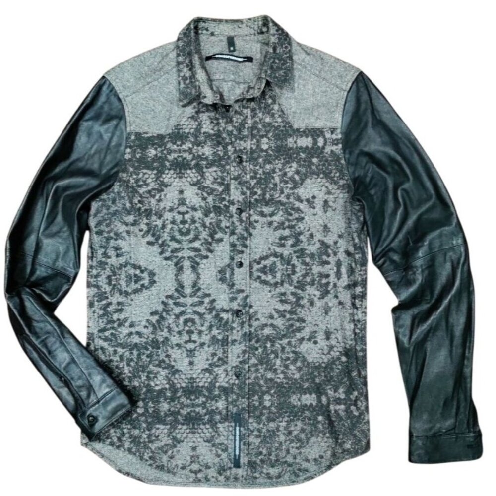 SonsOfHeroes Black Pattern Faux Leather Arms Long Sleeve Button-Up Shirt Size M